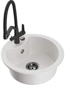 Mexen Diego, 1-komorový granitový drez 488x488x167 mm a drezová batéria Duo, biela, 6512-20-671701-70-B