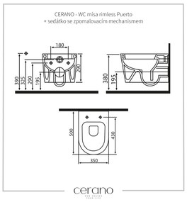 Cerano Puerto, WC misa Rimless 500x350x290 mm + WC doska so spomaľovacím mechanizmom Seggio, biela lesklá, CER-CER-417851