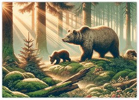 Sklenený obraz - Medvede v lese (70x50 cm)