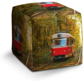Sablio Taburet Cube Červená električka v lese: 40x40x40 cm