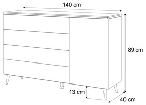 KOMODA NESSIE 3 NA NOŽIČKÁCH BIELY LESK + ZLATÁ 140 cm