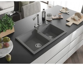 Mexen Tomas, granitový drez 800x500x190 mm, 2-komorový a chrómová batéria Duero, šedá, 6516-71-671600-00