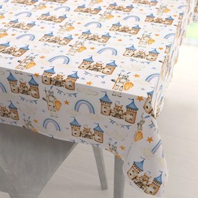 Biante Detský bavlnený obdĺžnikový obrus Sandra SA-666 Modro-hnedé hrady a rytieri na bielom 50x100 cm