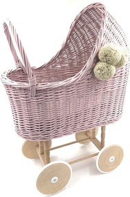 Prútený vysoký kočík pre bábiky ružová