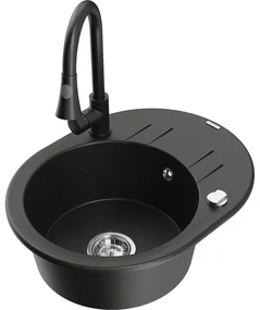 Mexen Kevin, 1-komorový granitový drez 586x458x190 mm a drezová batéria Elia, čierna-zlatá metalíza, 6517-75-670101-70