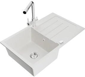 Mexen Bruno, 1-komorový granitový drez s odkvapkávačom 795x495x200 mm a chrómová batéria Duero, biela, 6513-20-671600-00