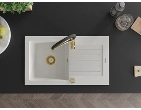 Mexen Pablo, 1-komorový granitový drez 752x436x161 mm a drezová batéria Aster, biela, 6510-20-73450-57-G