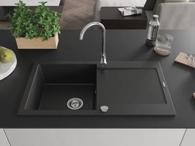 Mexen Leo granitový drez s odkvapkávačom, 1-komorový, 900 x 500 mm, čierny, chrómový sifón - 6501901010-77