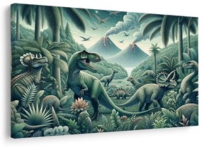 Obraz dinosaury v pralesnej krajine so sopkami