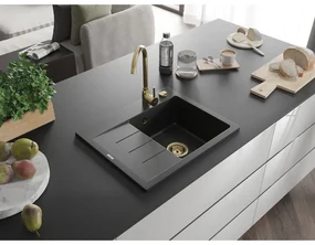 Mexen Ben, 1-komorový granitový drez 600x500x190 mm, pravý + zlatý sifón, čierna, 6523605000-77-G