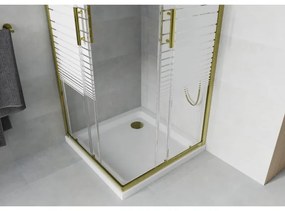Mexen Rio, štvorcový sprchovací kút s posuvnými dverami 80(dvere) x 80(dvere) x 190 cm, 6mm číre sklo s pásikmi, zlatý profil + biela sprchová vanička SLIM, 860-080-080-50-20-4010G