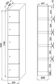 Šatníková skrinka S1 s úložnými boxmi, 5 boxov, 1850 x 300 x 500 mm, cylindrický zámok, modré dvere