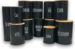 ORION Sada 12ks plechových dóz na potraviny, čierne s nápisom, s bambusovým vekom SADA