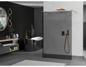 Mexen Kioto, sprchová zástena Walk-In 130 x 200 cm, 8mm šedé sklo, medený matný profil, 800-130-002-65-40