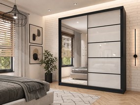 Šatníková skriňa 200 cm Belini čierny mat /biely lesk s posuvnými dverami zrkadlom a zásuvkami  MGB SZP5/1/B/1L5W/KLP