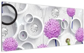 Obraz 3D abstrakcie s kruhmi a kvetinami (120x50 cm)