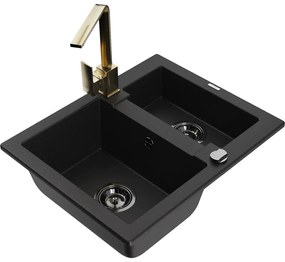 Mexen Carlos, 1,5-komorový granitový drez s odkvapkávačom 582x475x177 mm a zlatá kuchynská batéria Rita, čierna, 6518-77-670300-50-B