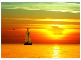 Sklenený obraz západu slnka s jachtou (70x50 cm)