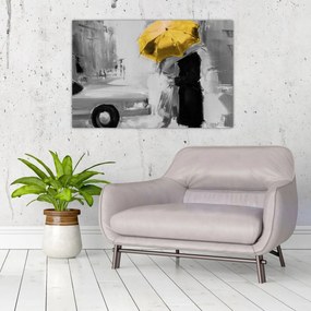 Obraz - Zamilovaný pár pod dáždnikom, žltý (90x60 cm)