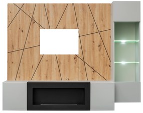Obývacia stena Xavus G-K (perla grey + dub artisan) (s osvetlením) (s bio krbom). Vlastná spoľahlivá doprava až k Vám domov. 1118837