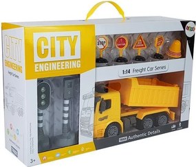 LEAN Toys Súprava sklápacieho nákladiaka 1:14 – dopravné značky, svetlá, radar, žltá