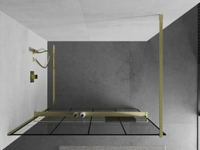 Mexen Kioto+, sprchová zástena Walk-In s poličkou a vešiakom 140 x 200 cm, 8mm číre sklo čierny vzor, zlatý matný profil, 800-140-121-55-77