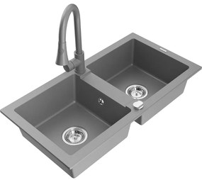 Mexen Mario, 2-komorový granitový drez 820x436x161 mm a drezová batéria Elia, šedá, 6504-71-670101-71