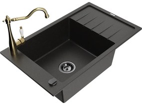 Mexen Elias, granitový drez 795x480x200 mm, 1-komorový a drezová batéria Carla, čierna-zlatá metalíza, 6511-75-670700-50-B