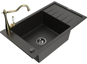 Mexen Elias, granitový drez 795x480x200 mm, 1-komorový a drezová batéria Carla, čierna-zlatá metalíza, 6511-75-670700-50-B