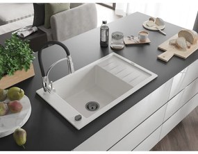 Mexen Elias, 1-komorový granitový drez 795x480x200 mm a drezová batéria Aster, biela, 6511-20-73450-07-B