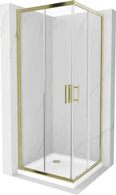 Mexen Rio, štvorcový sprchovací kút s posuvnými dverami 80(dvere) x 80(dvere) x 190 cm, 6mm číre sklo, zlatý profil + biela sprchová vanička SLIM, 860-080-080-50-00-4010G