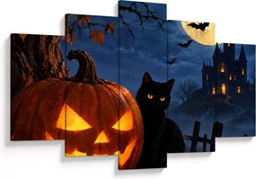 XXL Obraz - Čierna mačka pri svietiacej tekvici na Halloween (150x105 cm)