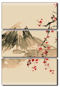 Obraz na plátne - Tradičné sumi-e obraz: sakura, slnko a hory - obdĺžnik 7271FB (120x80 cm)