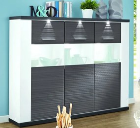 Široká vitrína Caracas typ 22, grafit/biely lesk, s osvetlením