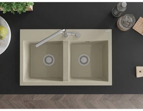 Mexen Hektor, 2-komorový granitový drez 800x480x205 mm, béžová, chrómový sifón, 6521802000-69