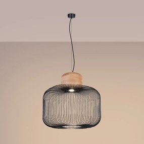 Závesné svietidlo Gabbia, 1x čierne drôtené tienidlo, drevo, (fi 55cm)