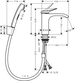 Hansgrohe Vivenis - Páková umývadlová batéria s ručnou sprchou Bidette a sprchovou hadicou 160 cm, chrómová, HAN-75210000