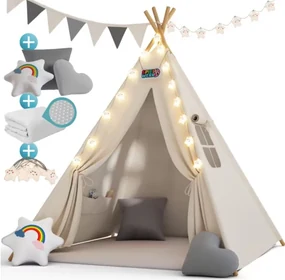 Spielwerk Detský stan teepee JULIUS, 120x120x160cm, biela/šedá