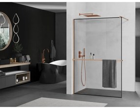 Mexen Kioto+, sprchová zástena Walk-In s poličkou a vešiakom 100 x 200 cm, 8mm číre sklo čierny vzor, medený matný profil, 800-100-121-65-70