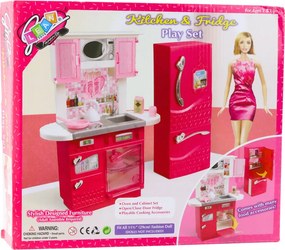LEAN Toys Kuchynská súprava pre bábiky s chladničkou, rúrou a príslušenstvom, ružová