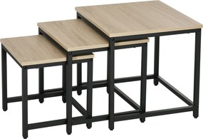 HOMCOM Set 3 stolíkov - Kávový stôl, Oddelený stôl s oceľovým rámom, Priemyselný dizajn, Stôl do obývačky s vzhľadom dreva, Prírodný | Aosom