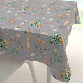 Biante Vianočný bavlnený štvorcový obrus Sandra SA-509 Vianoční škriatkovia a ozdoby na sivom 70x70 cm