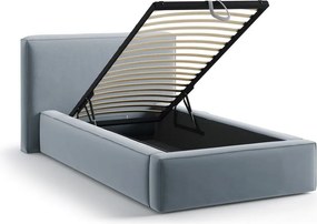 Svetlomodrá čalúnená jednolôžková posteľ s úložným priestorom s roštom 90x200 cm Jodie – Micadoni