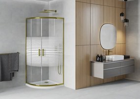 Mexen Rio, štvrťkruhový sprchovací kút s posuvnými dverami 80(dvere) x 80(dvere) x 190 cm, 6mm číre sklo s pásikmi, zlatý profil + biela sprchová vanička SLIM, 863-080-080-50-20-4110G