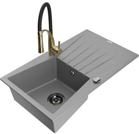 Mexen Cesar, 1-komorový granitový drez 775x470x190 mm a drezová batéria Aster, šedá, 6514-71-73450-57-B