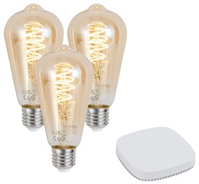 Sada 3 inteligentných stmievateľných LED žiaroviek E27 ST64 4,9 W 320 lm 2500 K vrátane Zigbee Smart Hub