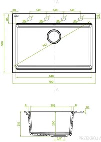 Laveo Tau, 1-komorový granitový drez 700x500x215 mm, čierna škvrnitá, LAV-SBT_7107