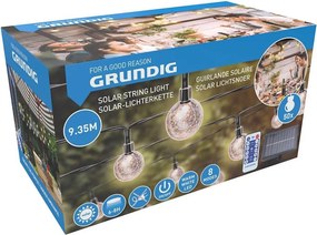 Grundig - stmievateľný solárny LED reťaz 50×LED/8 funkcií, 9,35 m, teplá biela + diaľkové ovládanie