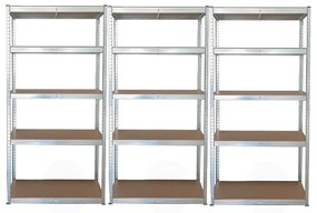 Pack 3x Stabil S, bezskrutkový kovový regál s HDF policou, 180x90x40 cm, 5 políc, 175kg na policu, zinok