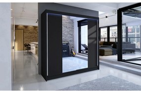 Šatníková skriňa s posuvnými dverami Bar II, Farby: čierna / čierna + zrkadlo, Osvetlenie: osvetlenie LED RGB - farebné